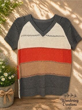 Short-Sleeve V-Neck Striped Knit Sweater - Gray/Cream/Red/Brown
